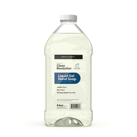 Clean Revolution hand soap bottle pour demonstrates quick, gentle cleaning for busy hands