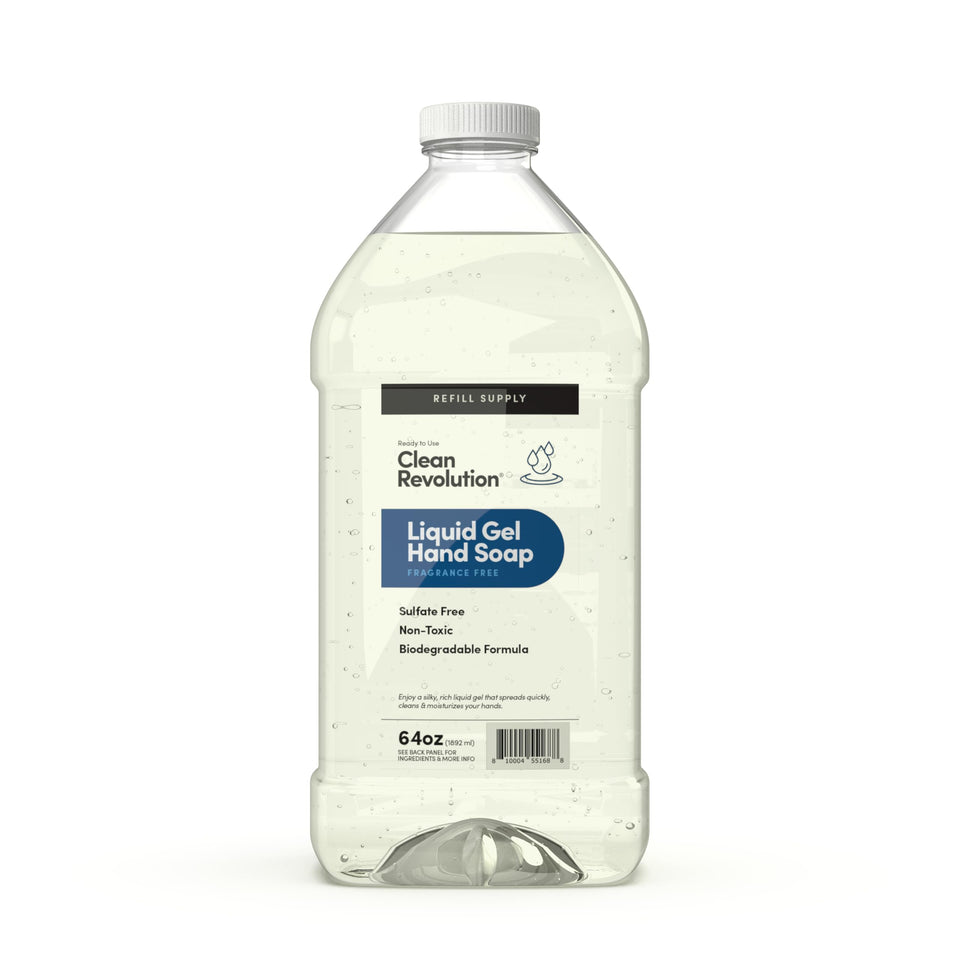 Clean Revolution hand soap bottle pour demonstrates quick, gentle cleaning for busy hands