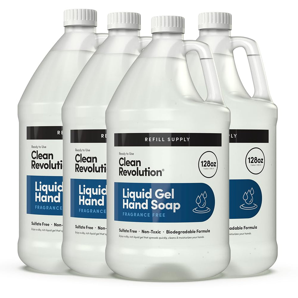 Clean Revolution liquid hand soap bottle shows silky gel for smooth cleansing at home.