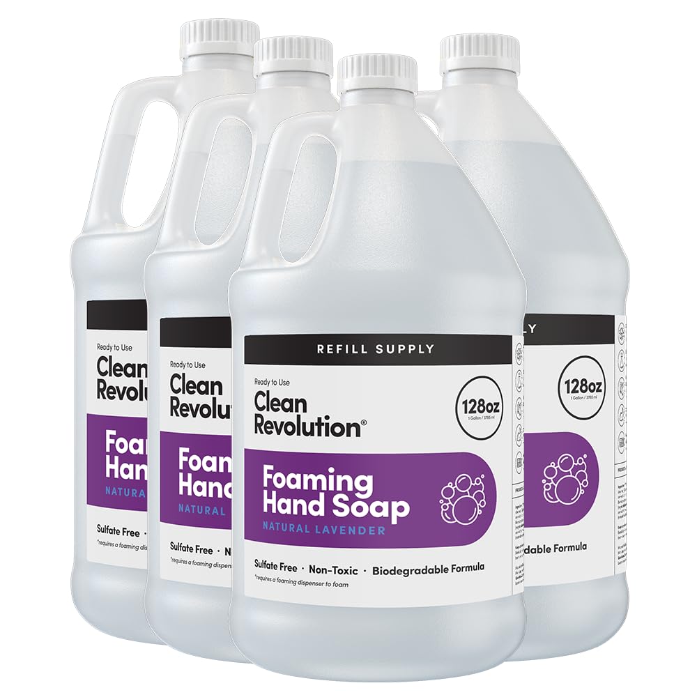 Clean Revolution lavender foaming hand soap refill bottle showing 128 oz capacity for easy replenishment.