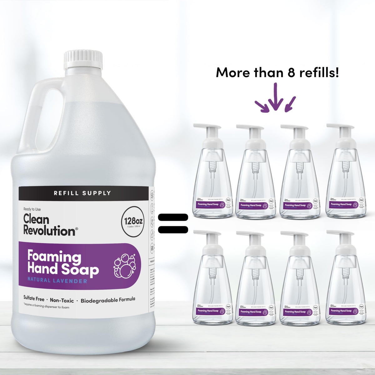 Clean Revolution refill supply container 128 oz emphasizing sustainable, multi-refill value.