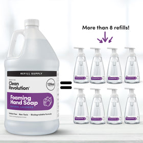 Clean Revolution refill supply container 128 oz emphasizing sustainable, multi-refill value.