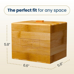 Luxe Bamboo container on vanity highlights space-saving, compact design.