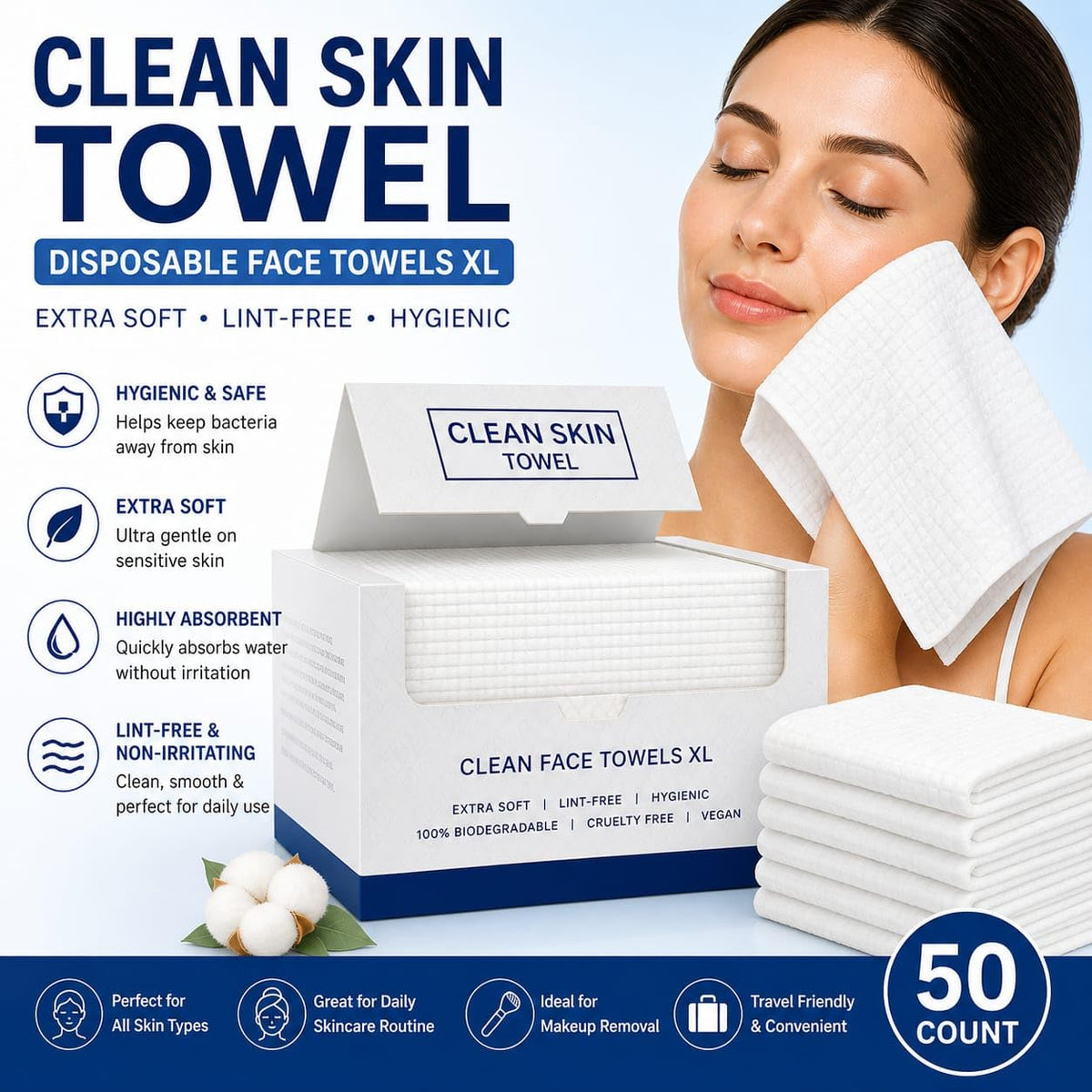 Clean Skin Towel bamboo viscose material offers soft, absorbent care for gentle daily use.