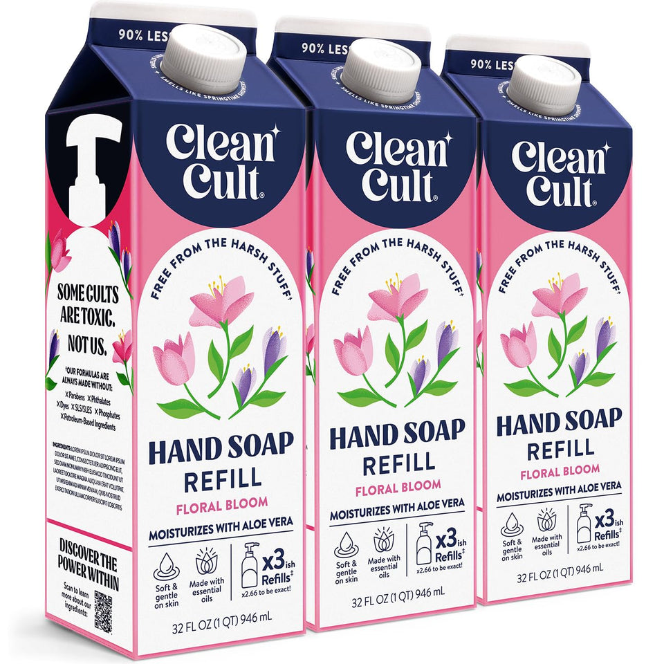 Cleancult Floral Bloom refill packaging shows recyclable paper packaging for eco-friendly hand care.