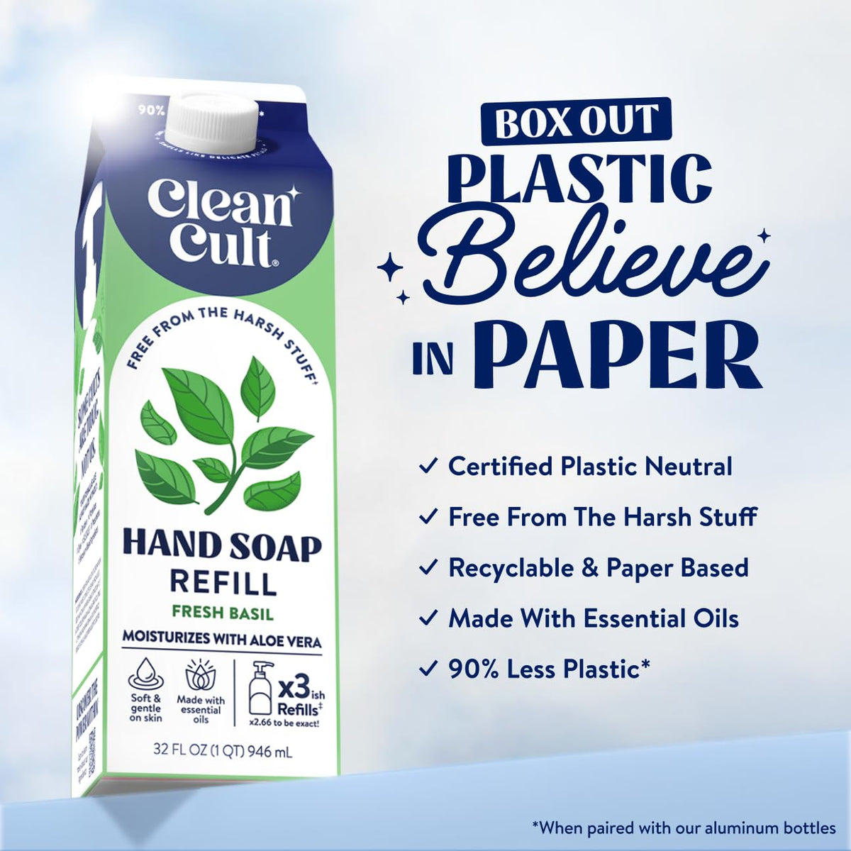 CleanCult Fresh Basil hand soap refill cap closeup emphasizes easy pouring and moisture protection.