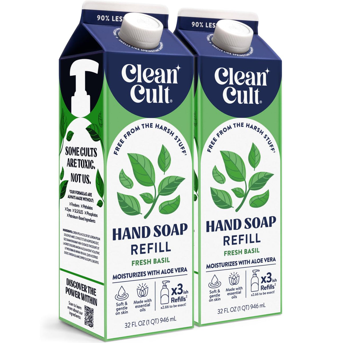 CleanCult Fresh Basil hand soap refill packfront highlights eco-friendly packaging for daily handwashing.
