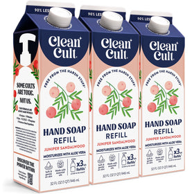 Cleancult juniper sandalwood refill pack front showcases eco-friendly paper packaging.