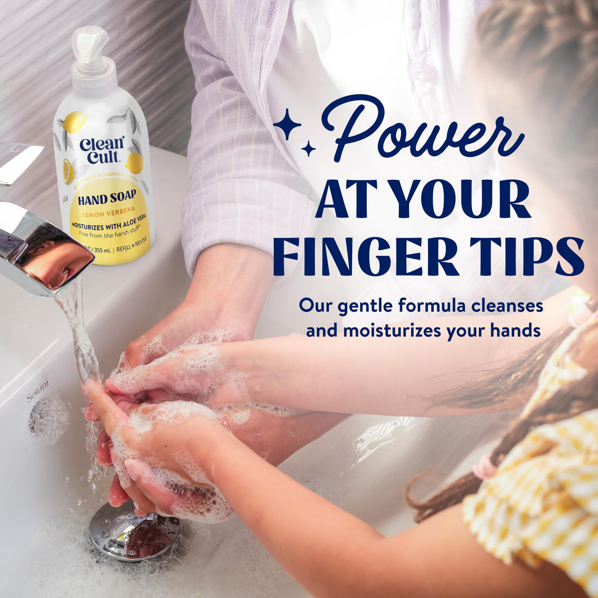 Cleancult lemon verbena bottle pour demonstrates mess-free handwashing.