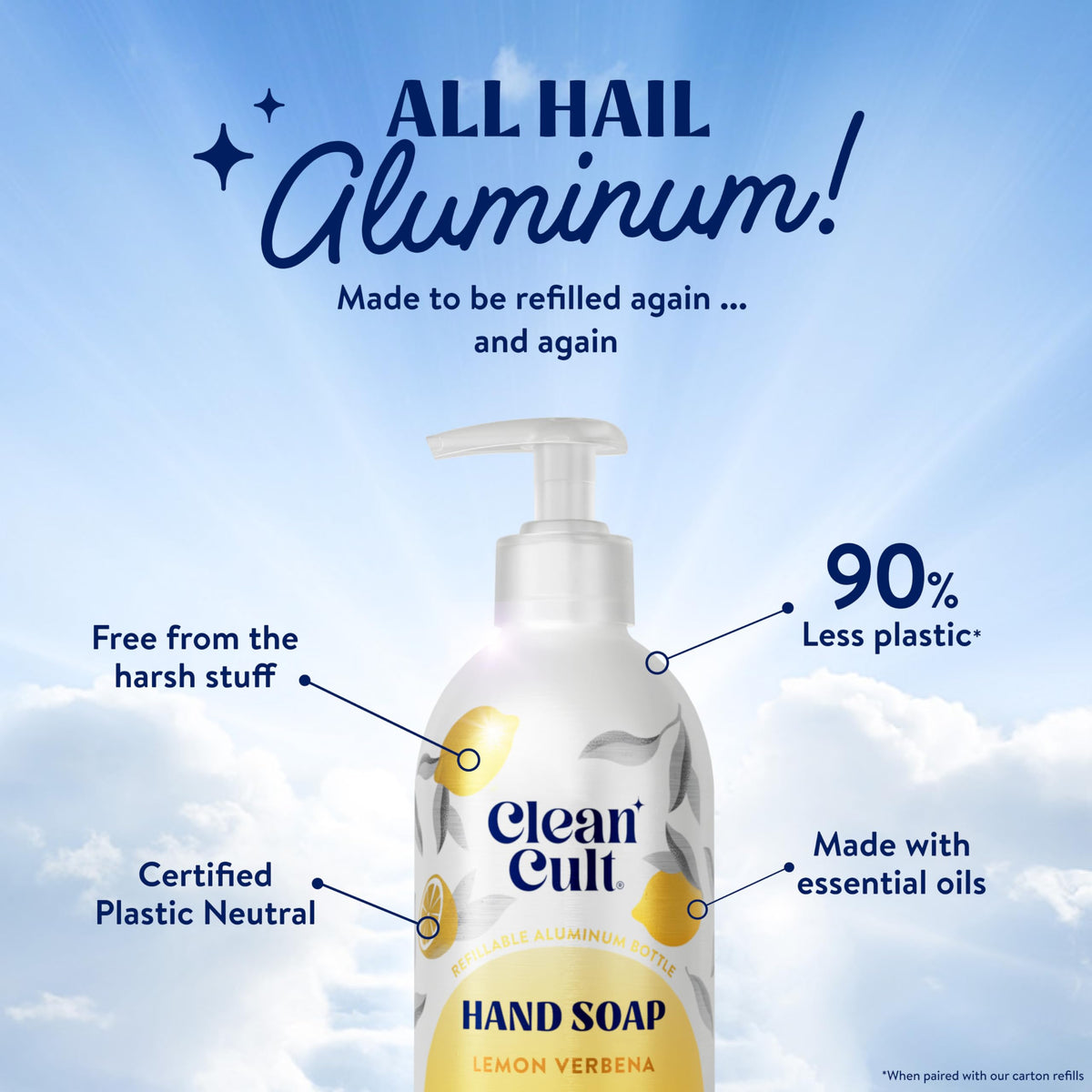 Cleancult lemon verbena bottle refill pack emphasizes sustainable refills.