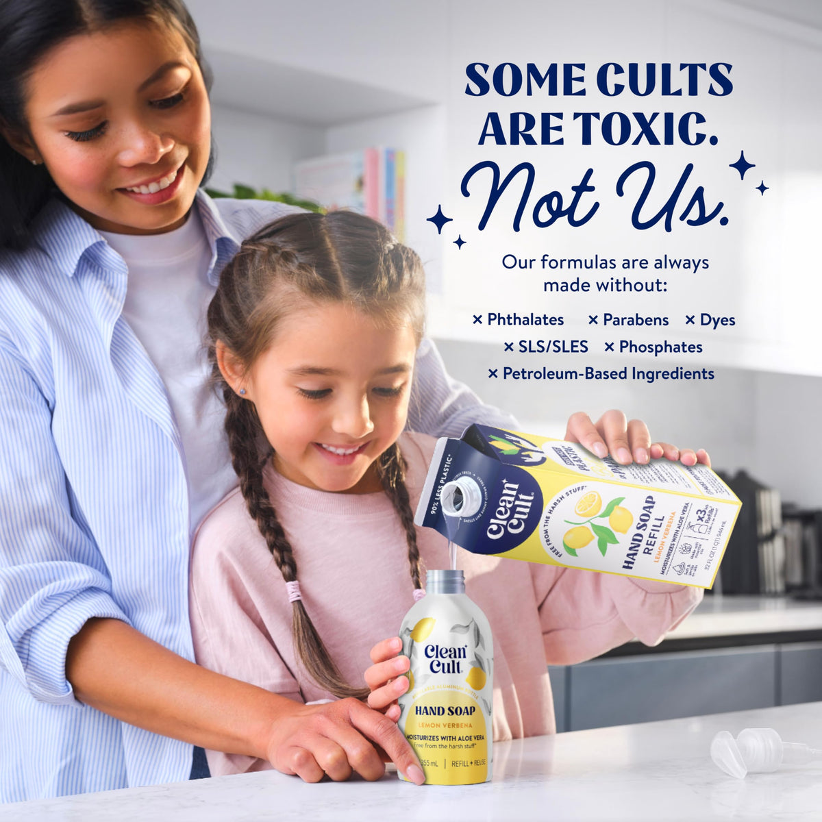 Cleancult lemon verbena hand soap foam communicates gentle cleansing for sensitive skin.