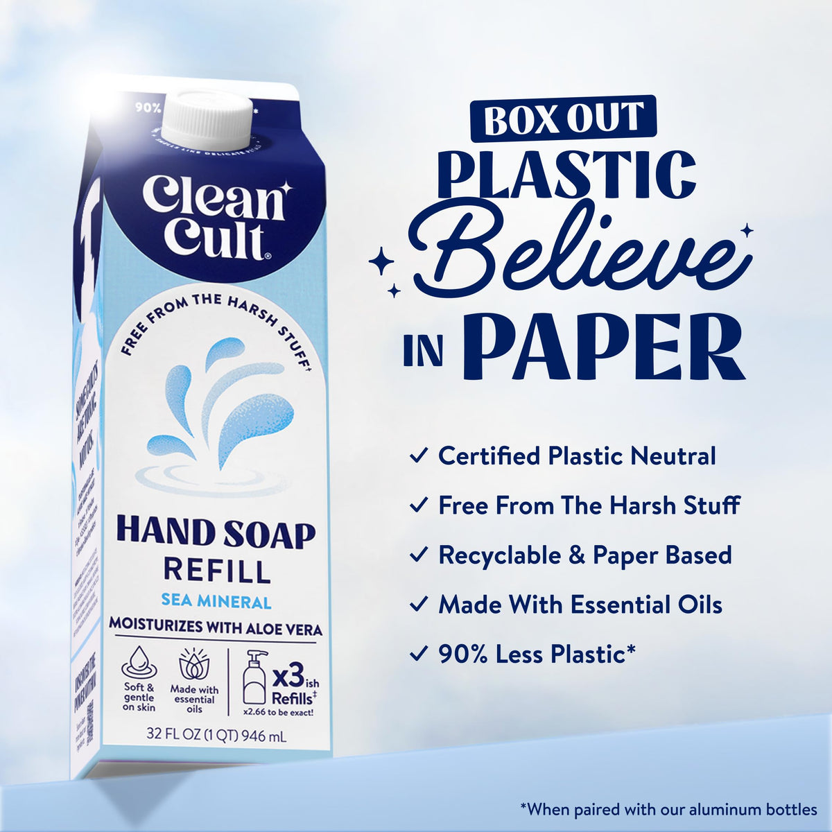Cleancult sea minerals label close-up highlights natural formula and sustainable packaging.