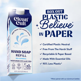 Cleancult sea minerals label close-up highlights natural formula and sustainable packaging.
