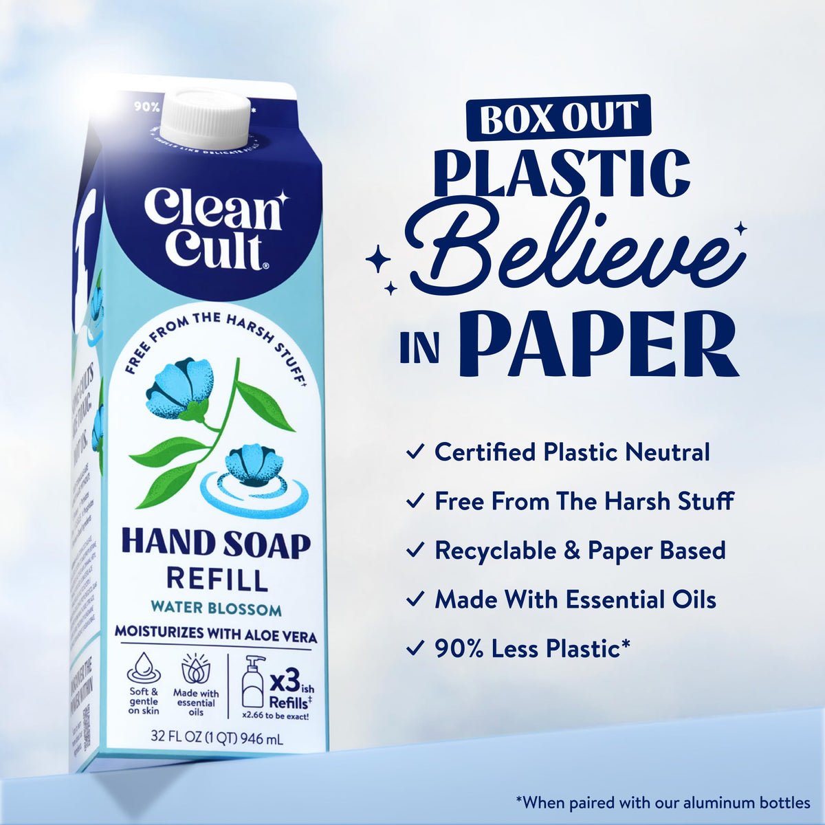 Pouring Cleancult Water Blossom hand soap into a dispenser.