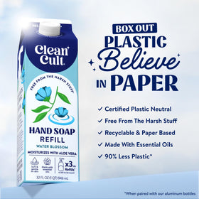 Pouring Cleancult Water Blossom hand soap into a dispenser.