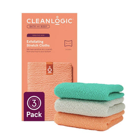 Cleanlogic exfoliating stretch cloth in use for full-body cleansing and exfoliation