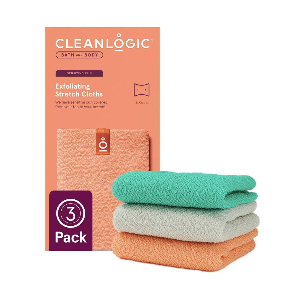 Cleanlogic exfoliating stretch cloth in use for full-body cleansing and exfoliation