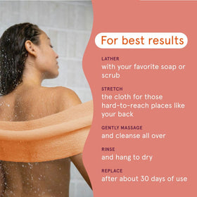 Stretch fabric enabling larger coverage during shower with Cleanlogic cloth