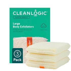 Cleanlogic Organic Cotton Exfoliating Body Scrubber packaging ready for daily skincare routine.