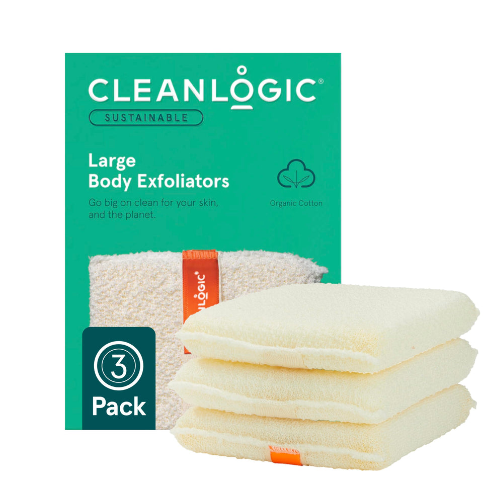 Cleanlogic Organic Cotton Exfoliating Body Scrubber packaging ready for daily skincare routine.