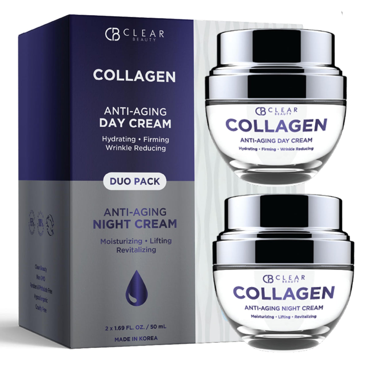 Clear Beauty Collagen Day & Night Moisturizer duo pack front view for daily hydration