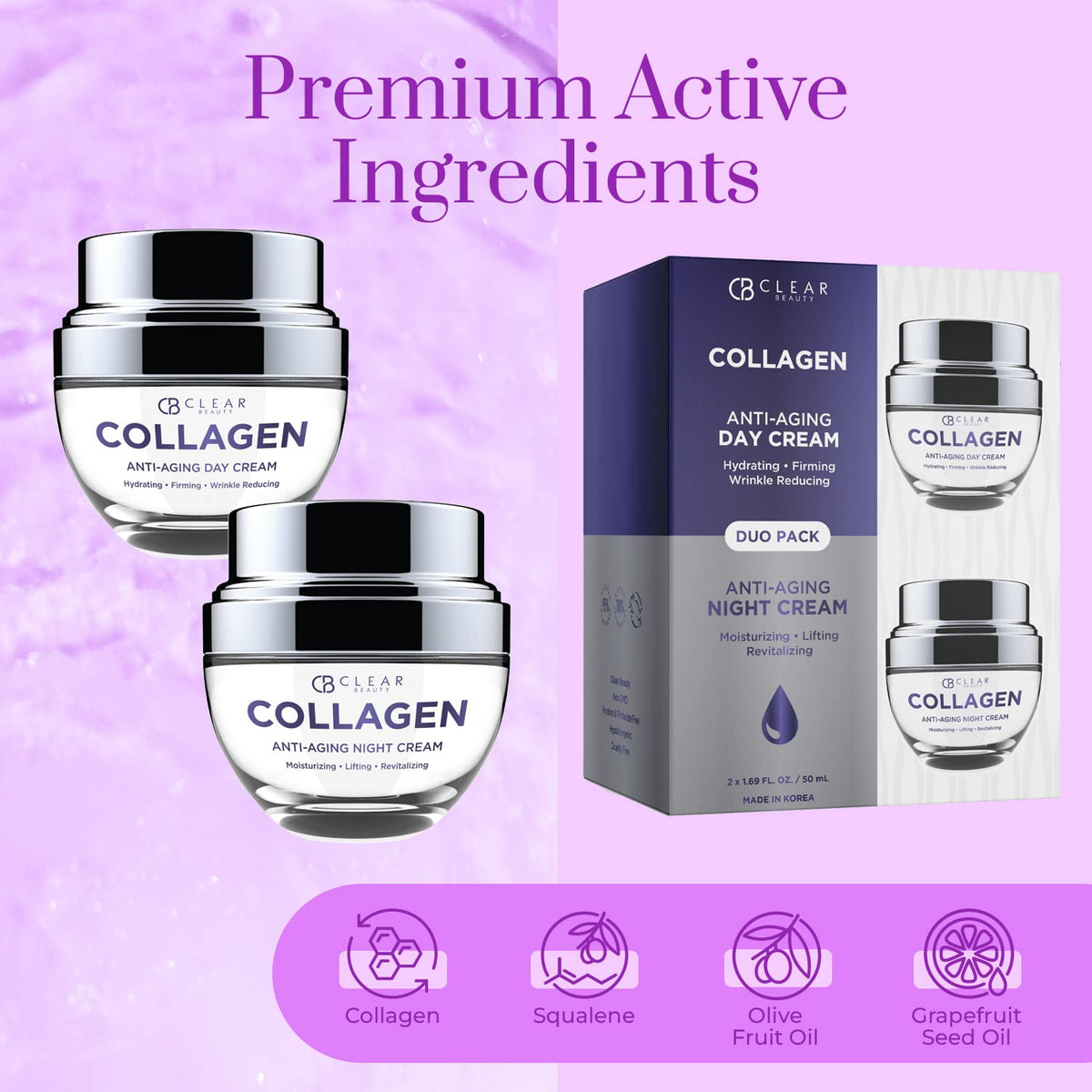 Clear Beauty Collagen Day & Night Moisturizer texture close-up shows silky finish for smooth skin