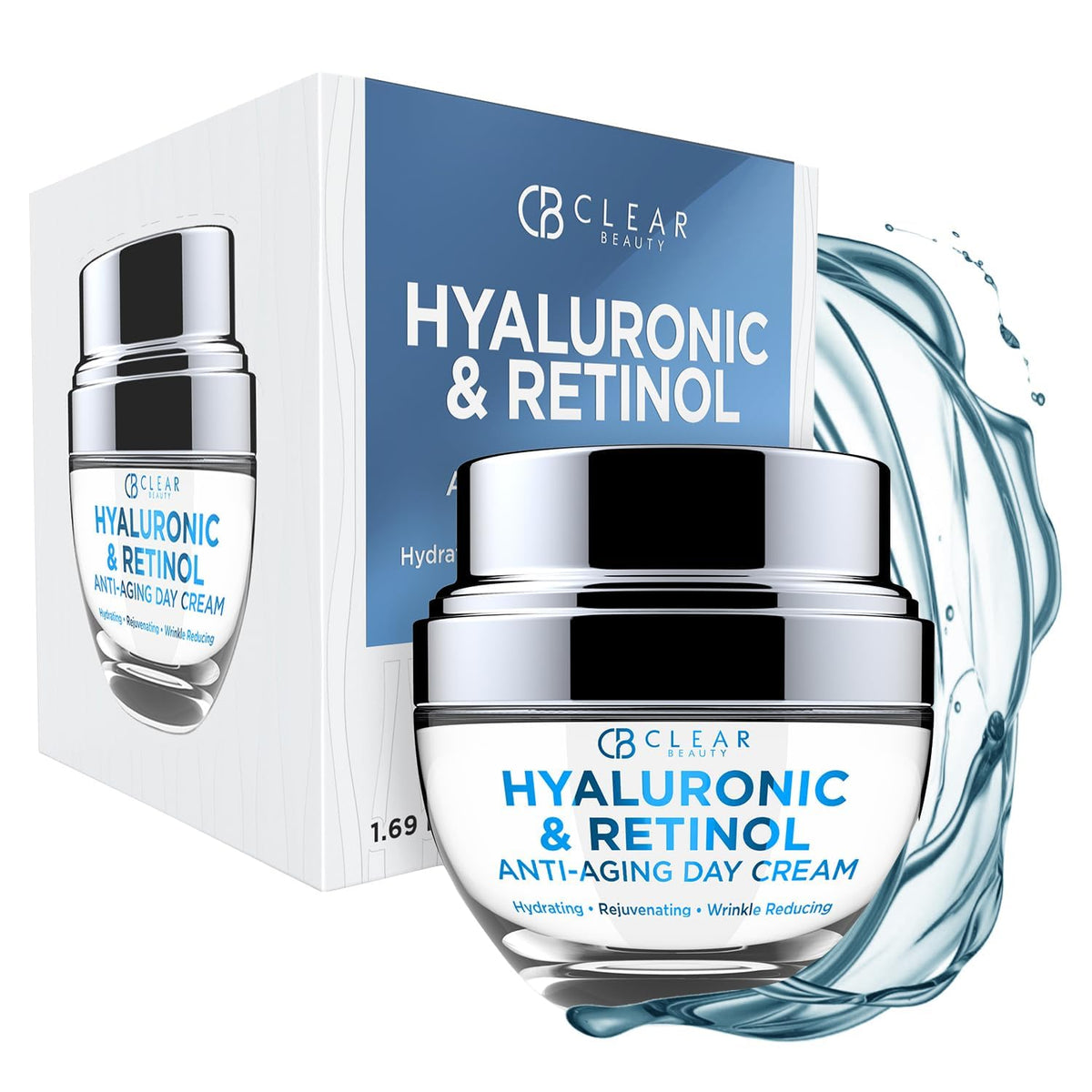 Clear Beauty Hyaluronic and Retinol moisturizer jar close-up for hydrated, smooth skin