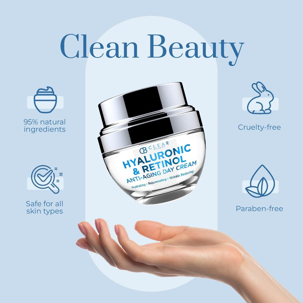 Clear Beauty jar on skin showing plump, dewy look after application
