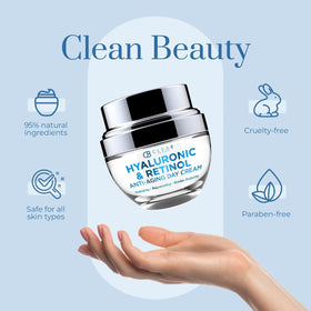 Clear Beauty jar on skin showing plump, dewy look after application