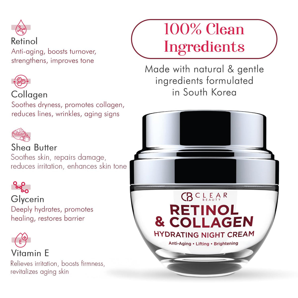 Hands massaging Clear Beauty night cream onto the face