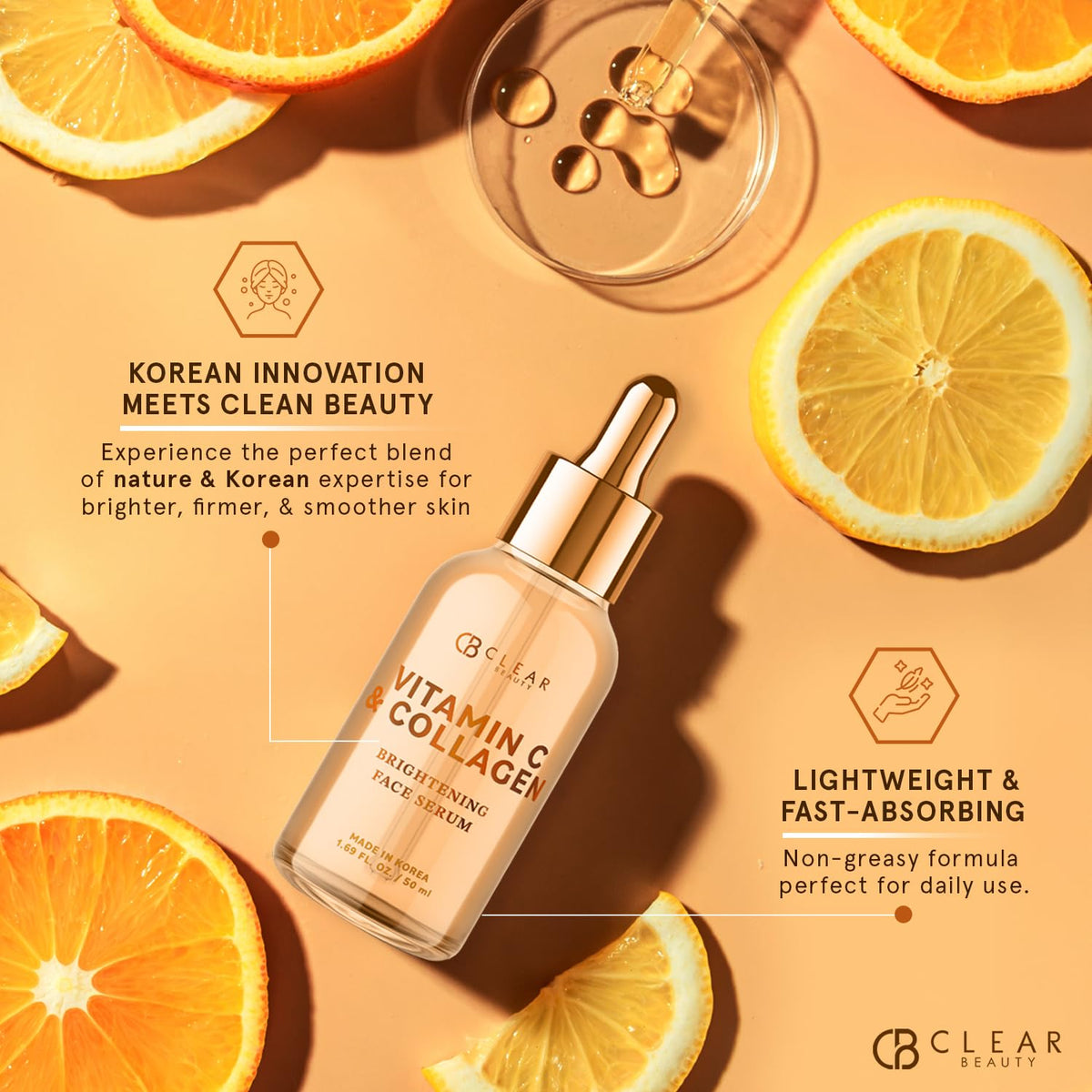 Clear Beauty serum texture swirl on hand demonstrates lightweight absorption