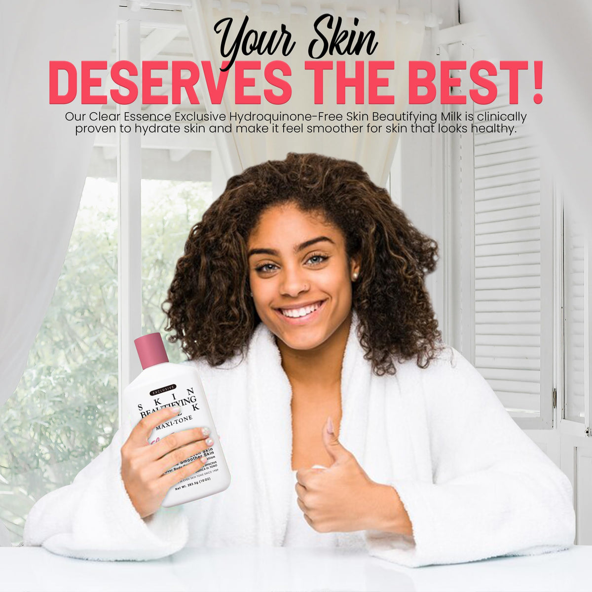 Clear Essence Exclusive Skin Beautifying Milk application-hands image suggests gentle, comfortable routine