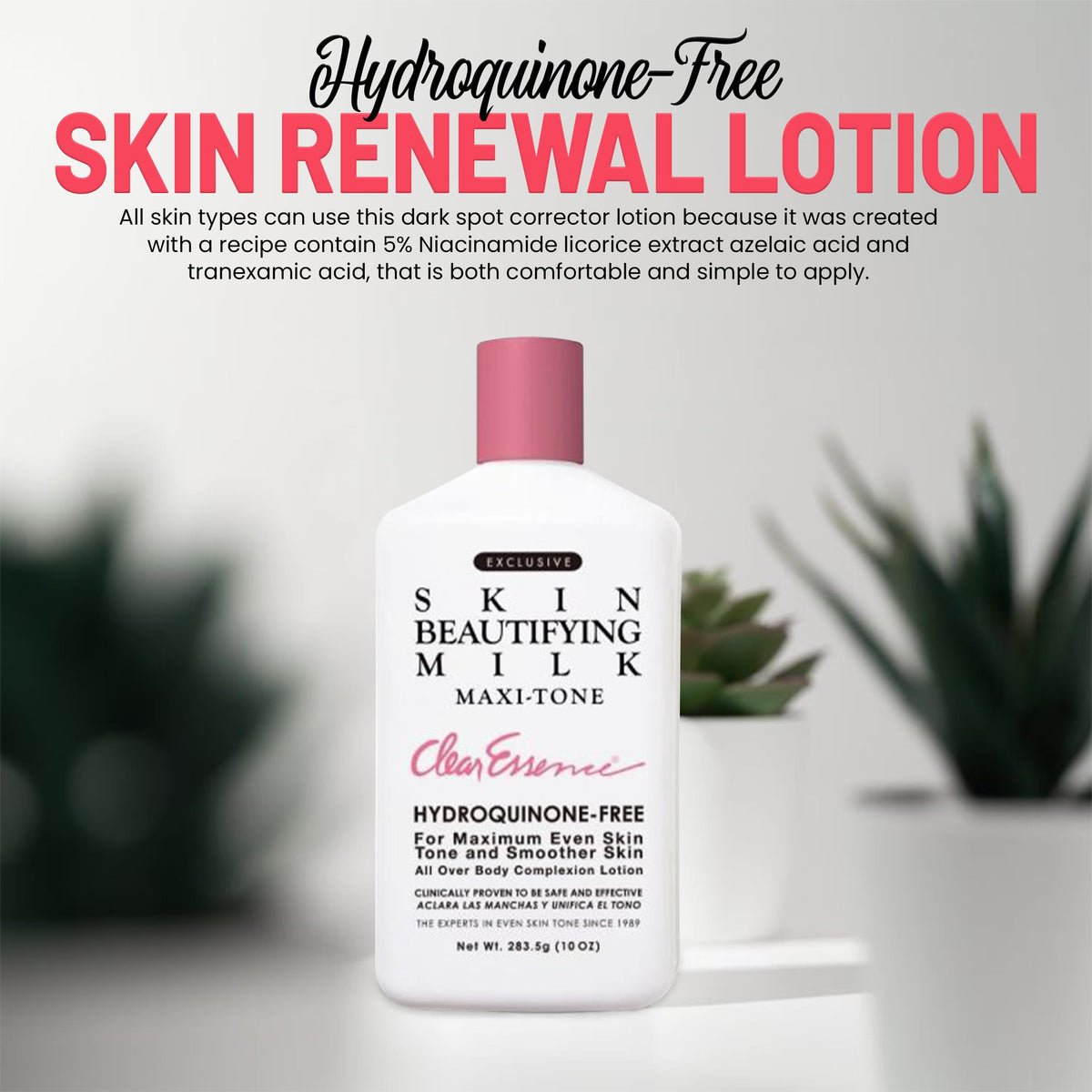 Clear Essence Exclusive Skin Beautifying Milk bottle-front emphasizes premium packaging