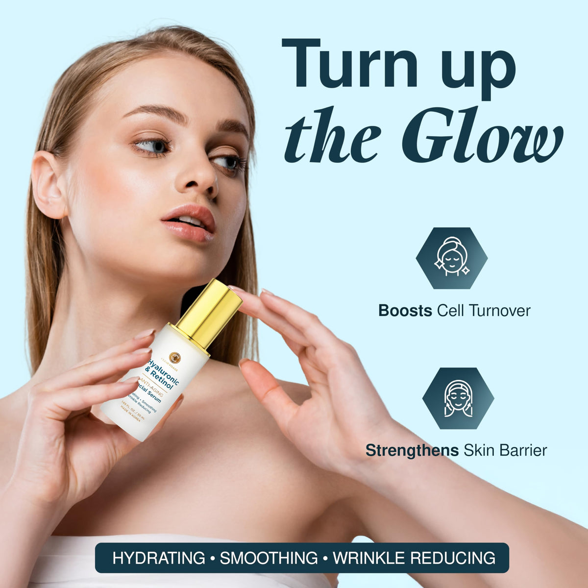 Clear Visage night routine scene with serum and moisturizer