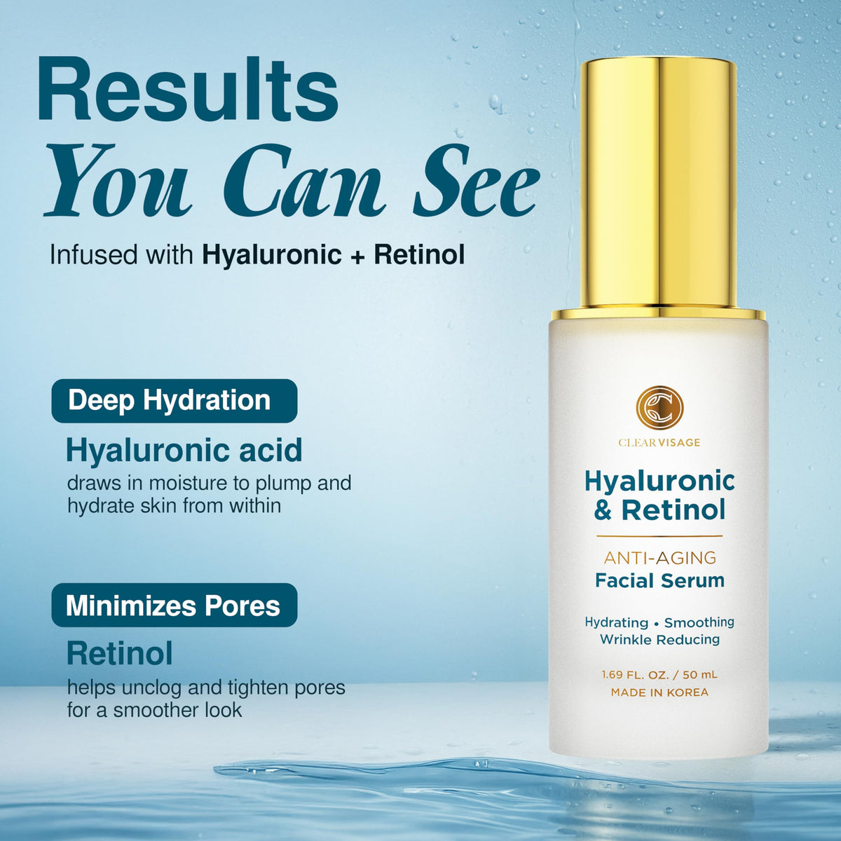 Clear Visage serum texture close-up illustrating silky finish