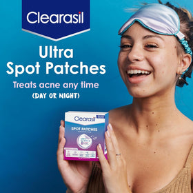 Clearasil Day and Night Spot Patches on skin close-up shows overnight protection.