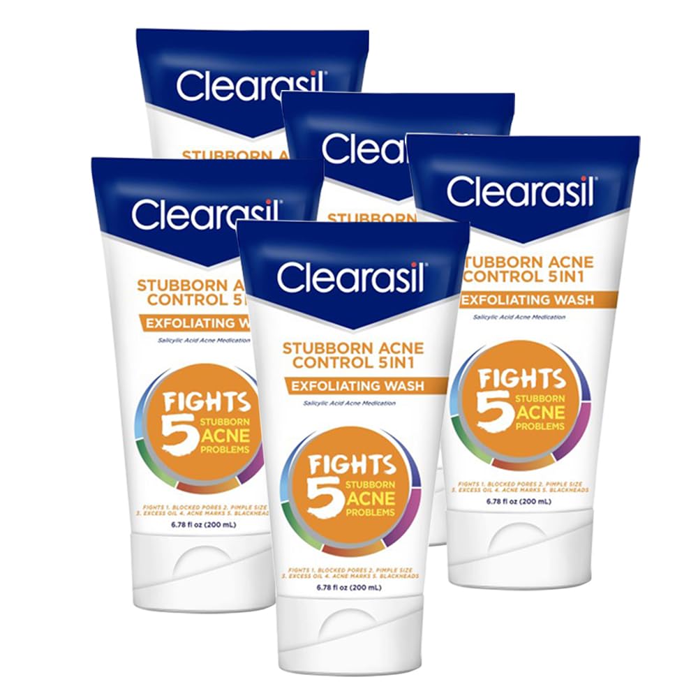 Clearasil Stubborn Acne Control exfoliating wash bottle showing multi-action formula for clearer skin