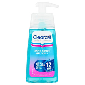 Clearasil Ultra Rapid Action Gel Wash bottle highlighting quick cleansing action.