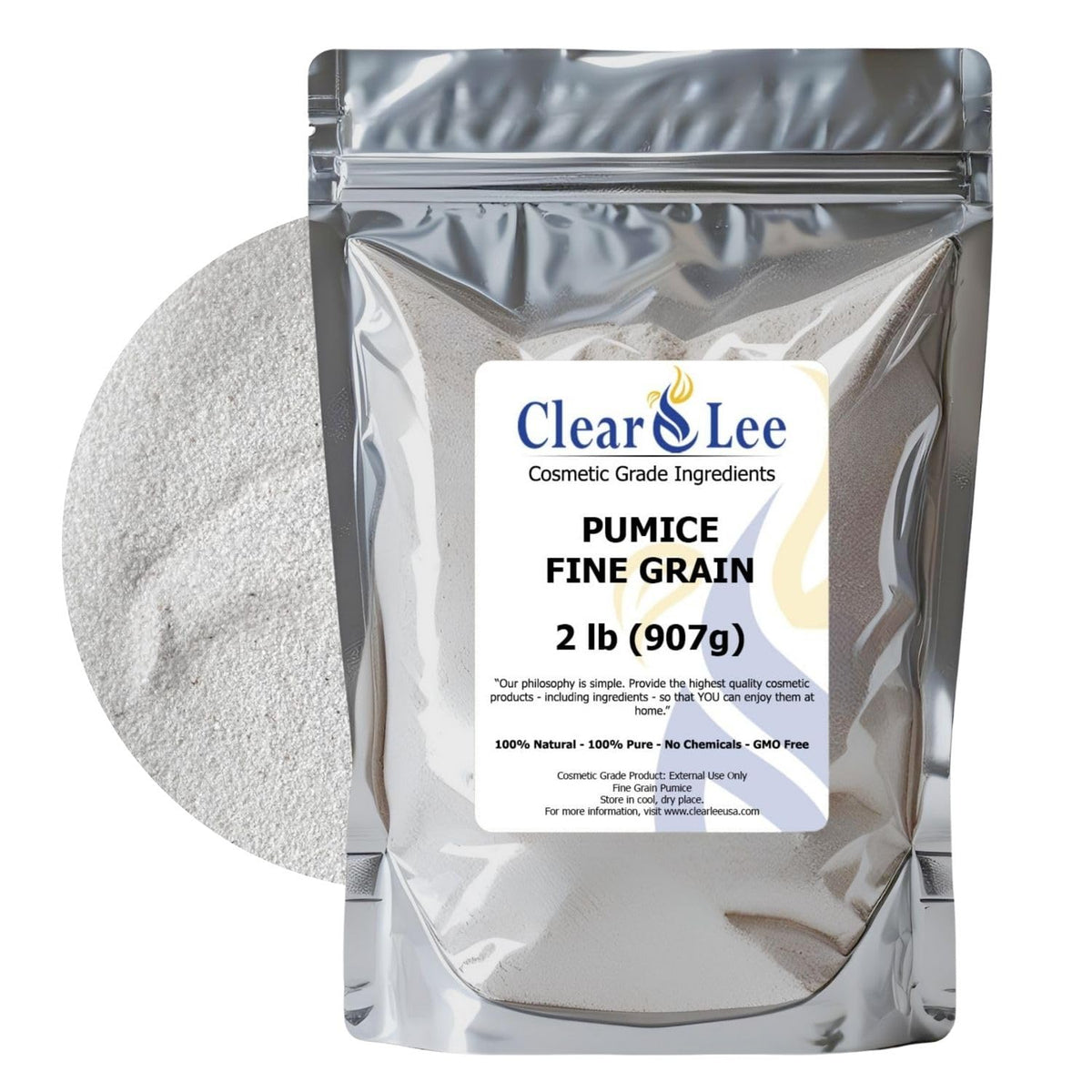 ClearLee cosmetic-grade pumice fine powder in bag ideal for gentle facial exfoliation.