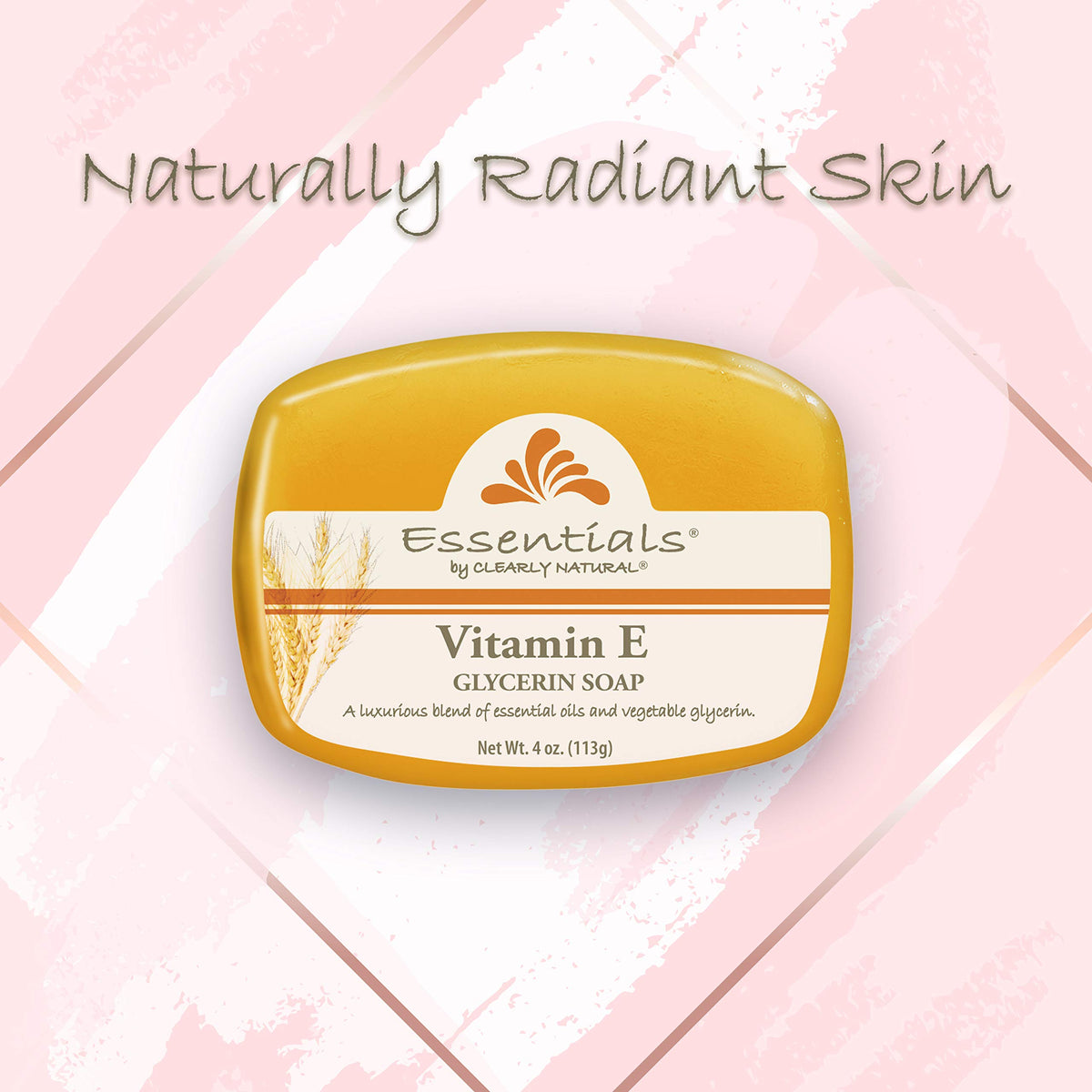 Clearly Natural Essentials glycerin bar soap closeup highlights bars with vitamin E and mild cleansing.