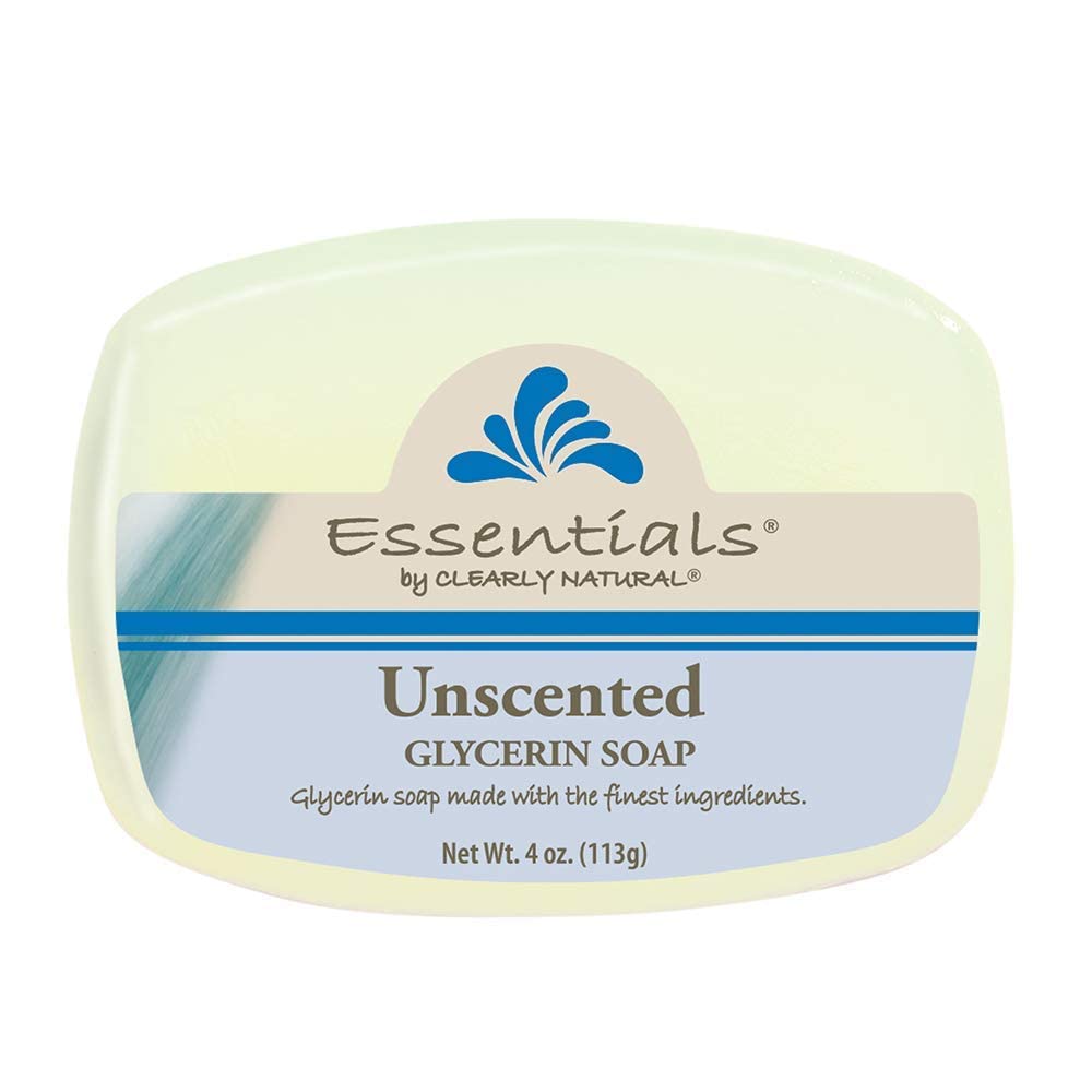 Bathroom shelf with Clearly Natural unscented glycerin bar, neutral option for sensitive routines.