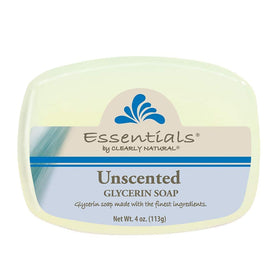 Bathroom shelf with Clearly Natural unscented glycerin bar, neutral option for sensitive routines.