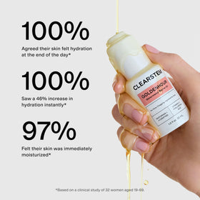 CLEARSTEM GOLDENHOUR hyaluronic acid feature highlights moisture support.