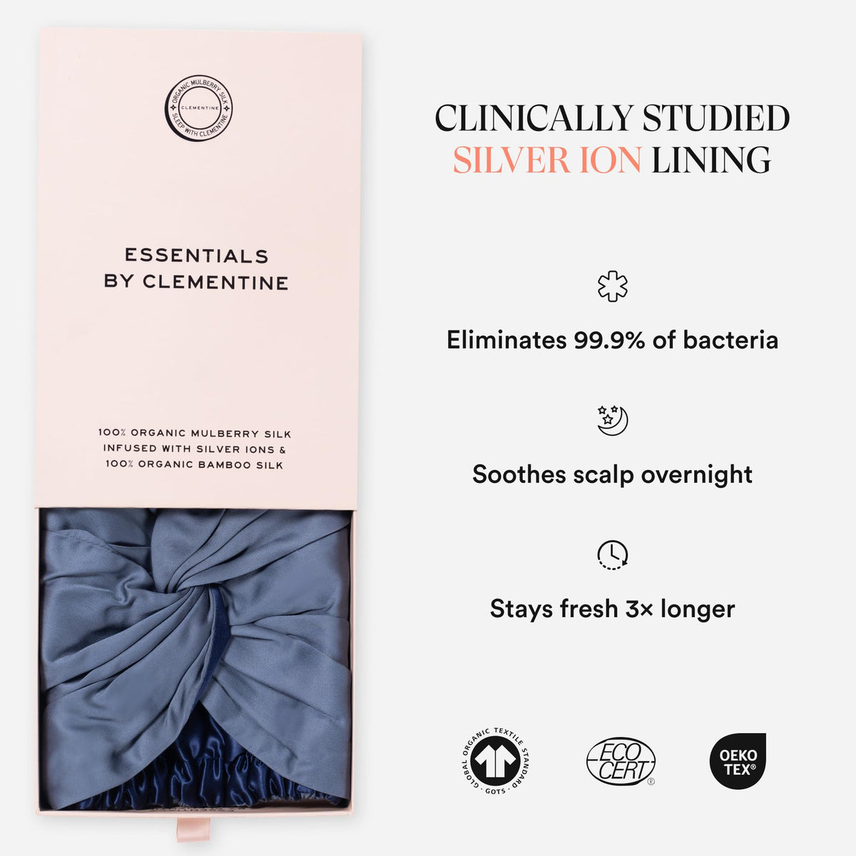 Essentials by Clementine bonnet with silver ion silk lining visible for gentle scalp comfort.