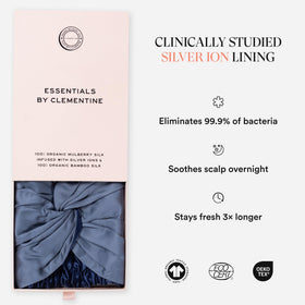 Essentials by Clementine bonnet with silver ion silk lining visible for gentle scalp comfort.