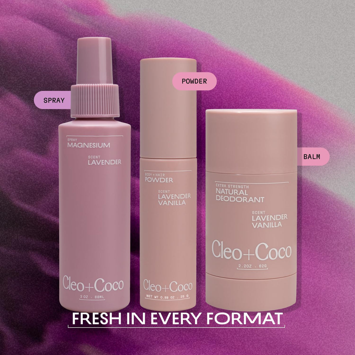 Nighttime bedroom scene with Cleo + Coco lavender spray.