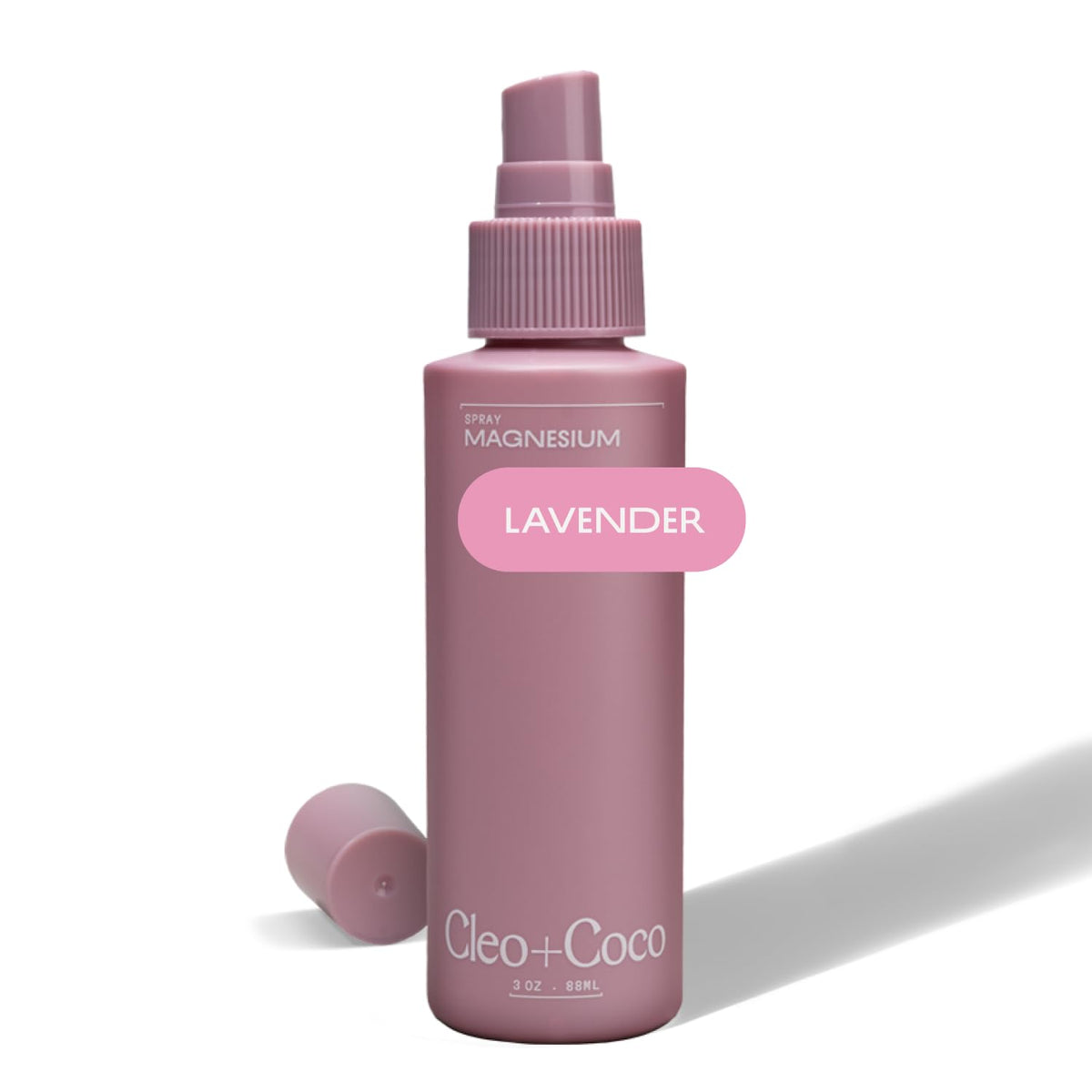 Cleo + Coco magnesium lavender spray bottle for sleep-ready relaxation.