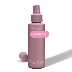 Cleo + Coco magnesium lavender spray bottle for sleep-ready relaxation.