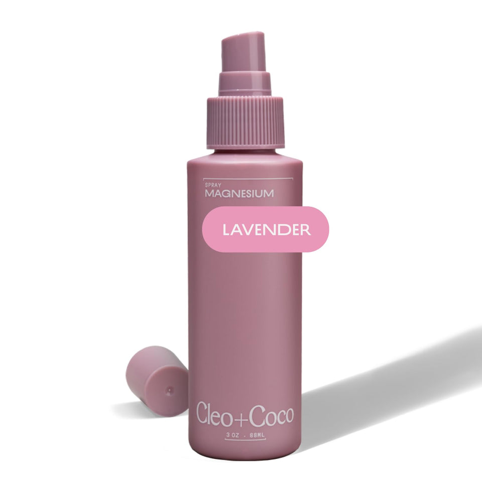 Cleo + Coco magnesium lavender spray bottle for sleep-ready relaxation.