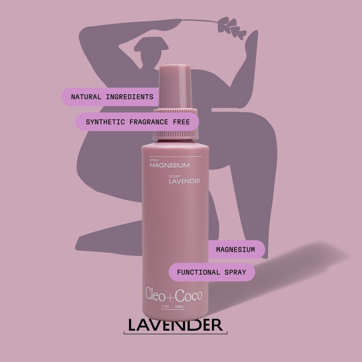 Lavender bloom beside Cleo + Coco branding, highlighting soothing scent.